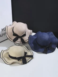 Chapeau de paille à nœud papillon et bord ondulé chapeau de soleil d'été pour femme 2026
