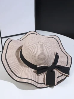 Chapeau de paille à nœud papillon et bord ondulé chapeau de soleil d'été pour femme 2026