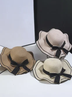 Chapeau de paille à nœud papillon et bord ondulé chapeau de soleil d'été pour femme 2026