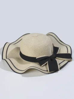 Chapeau de paille à nœud papillon et bord ondulé chapeau de soleil d'été pour femme 2026