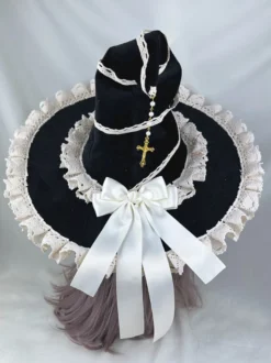 Chapeau gothique Lolita noir avec nœuds et volants et chaînes - Accessoire en polyester - Accessoires Lolita