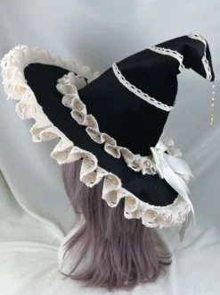 Chapeau gothique Lolita noir avec nœuds et volants et chaînes - Accessoire en polyester - Accessoires Lolita