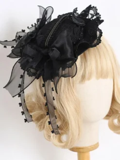 Chapeau Lolita Steampunk Noeuds Noirs Volants Accessoire Dentelle Accessoires Lolita en Polyester