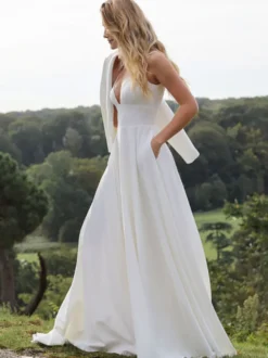 Écharpe de mariage Ivoire Manches longues Col en V Tops Couverture de mariée