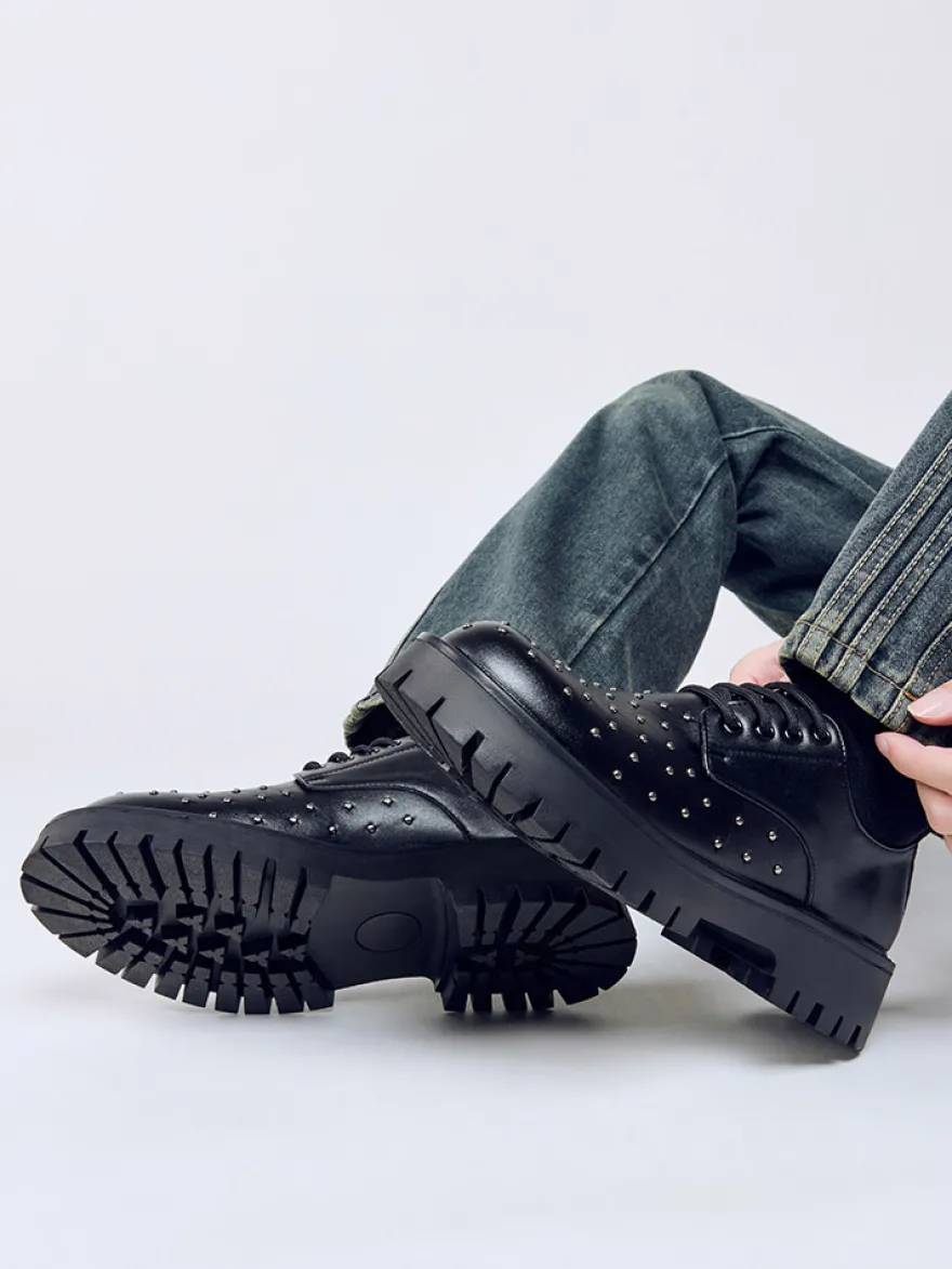Chaussures décontractées noires à lacets pour hommes bout rond et perles
