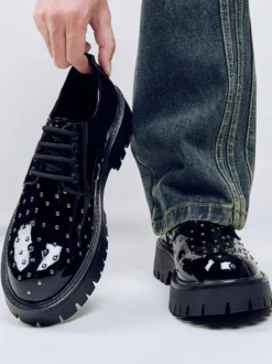 Chaussures décontractées noires à lacets pour hommes bout rond et perles