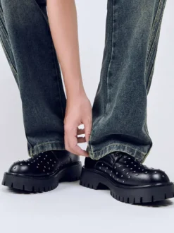 Chaussures décontractées noires à lacets pour hommes bout rond et perles