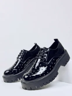 Chaussures décontractées noires à lacets pour hommes bout rond et perles