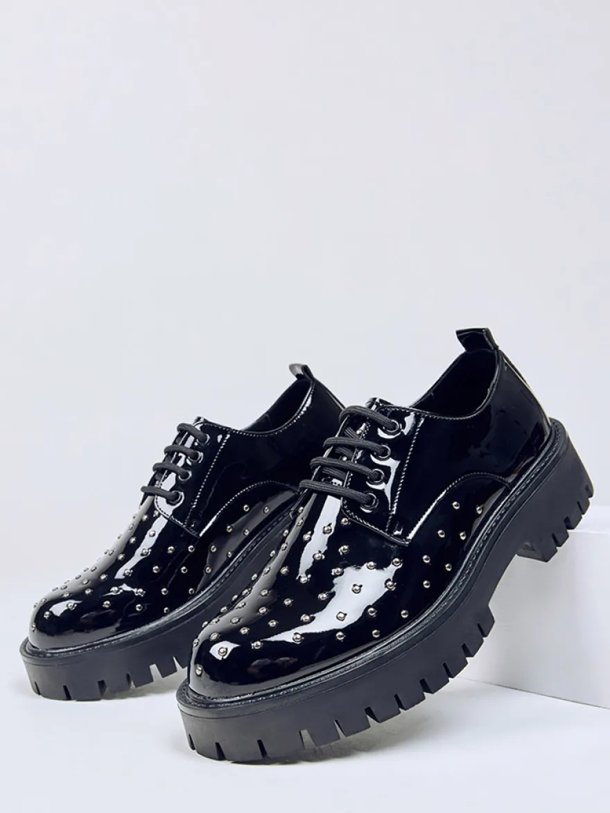 Chaussures décontractées noires à lacets pour hommes bout rond et perles