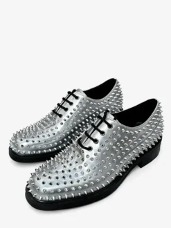 Chaussures de bal argentées à rivets bout rond lacets chaussures de soirée
