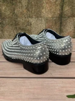 Chaussures de bal argentées à rivets bout rond lacets chaussures de soirée