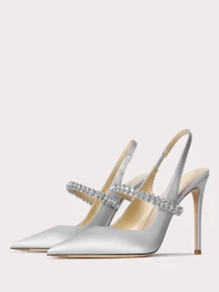 Chaussures de bal en satin strass noirs bout pointu talon aiguille escarpins à bride arrière