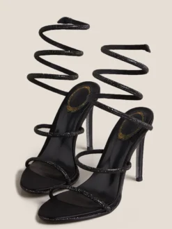 Chaussures de bal à talons hauts noires à bout ouvert et strass sandales à brides