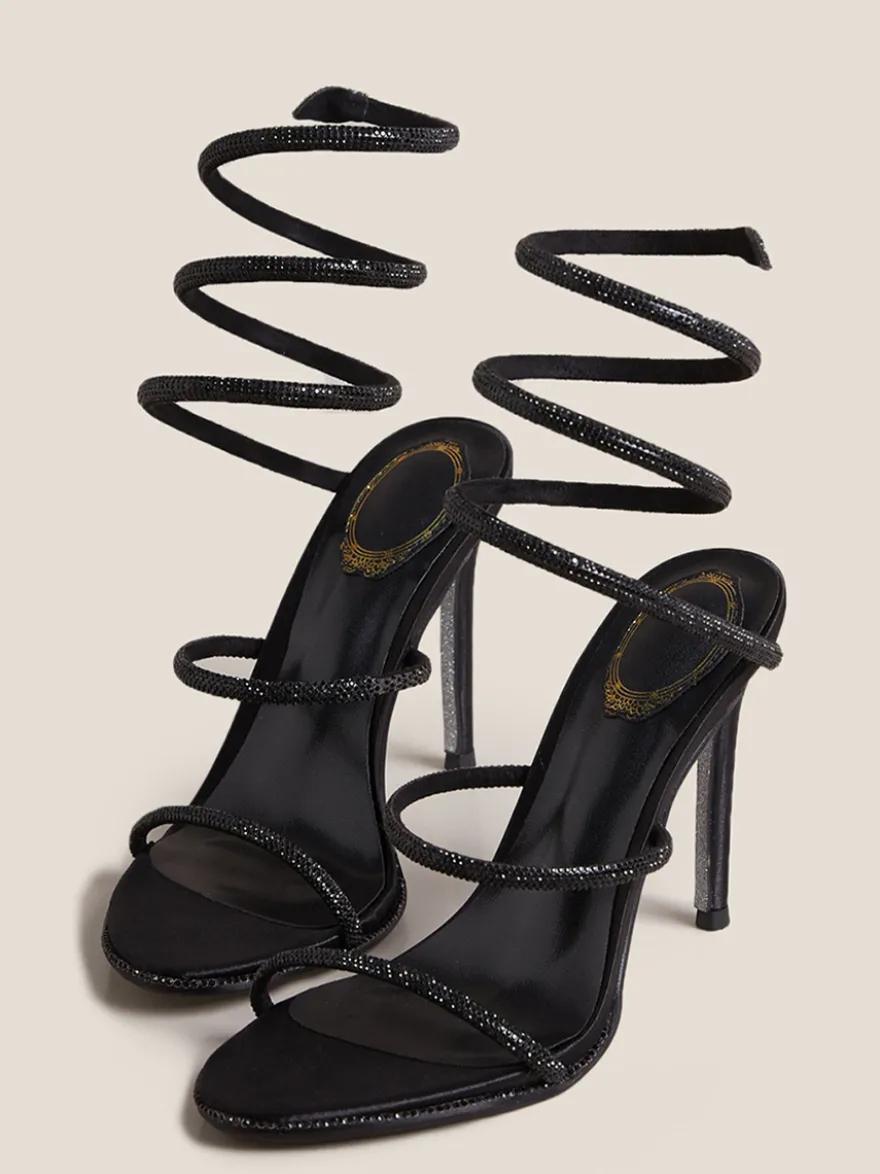 Chaussures de bal à talons hauts noires à bout ouvert et strass sandales à brides