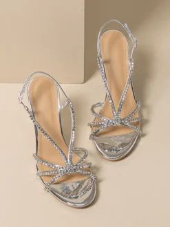 Chaussures De Mariage Argentées Femmes Bal À Bout Rond Bride Avec Strass Talons Hauts