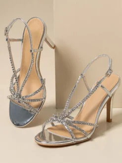 Chaussures De Mariage Argentées Femmes Bal À Bout Rond Bride Avec Strass Talons Hauts