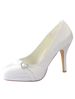 Chaussures de mariage blanc bout rond strass chaussures de mariée en soie talons hauts