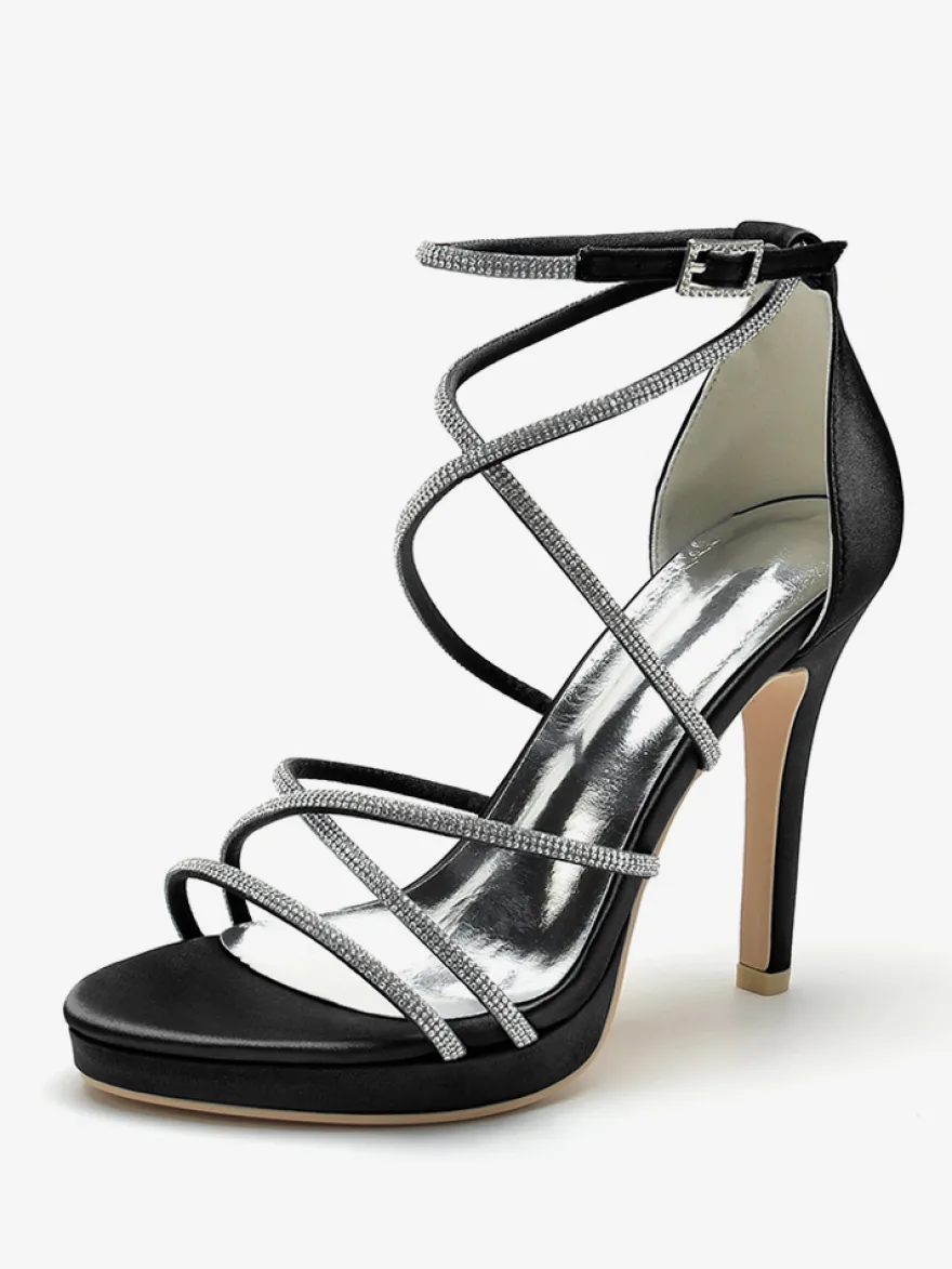 Chaussures de mariage blanches en satin à bout ouvert et à lanières avec strass