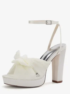 Chaussures de mariage blanches à plateforme bout ouvert nœud talon épais