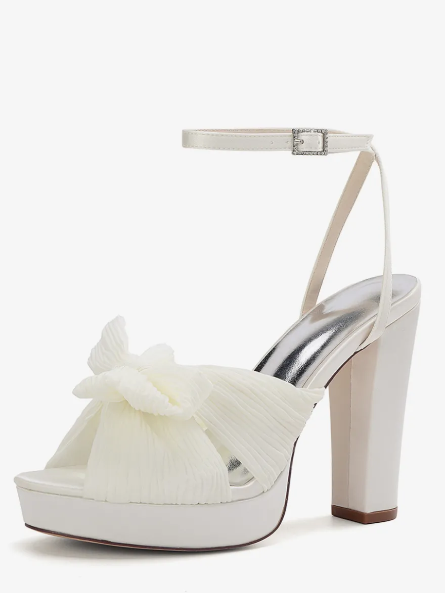 Chaussures de mariage blanches à plateforme bout ouvert nœud talon épais