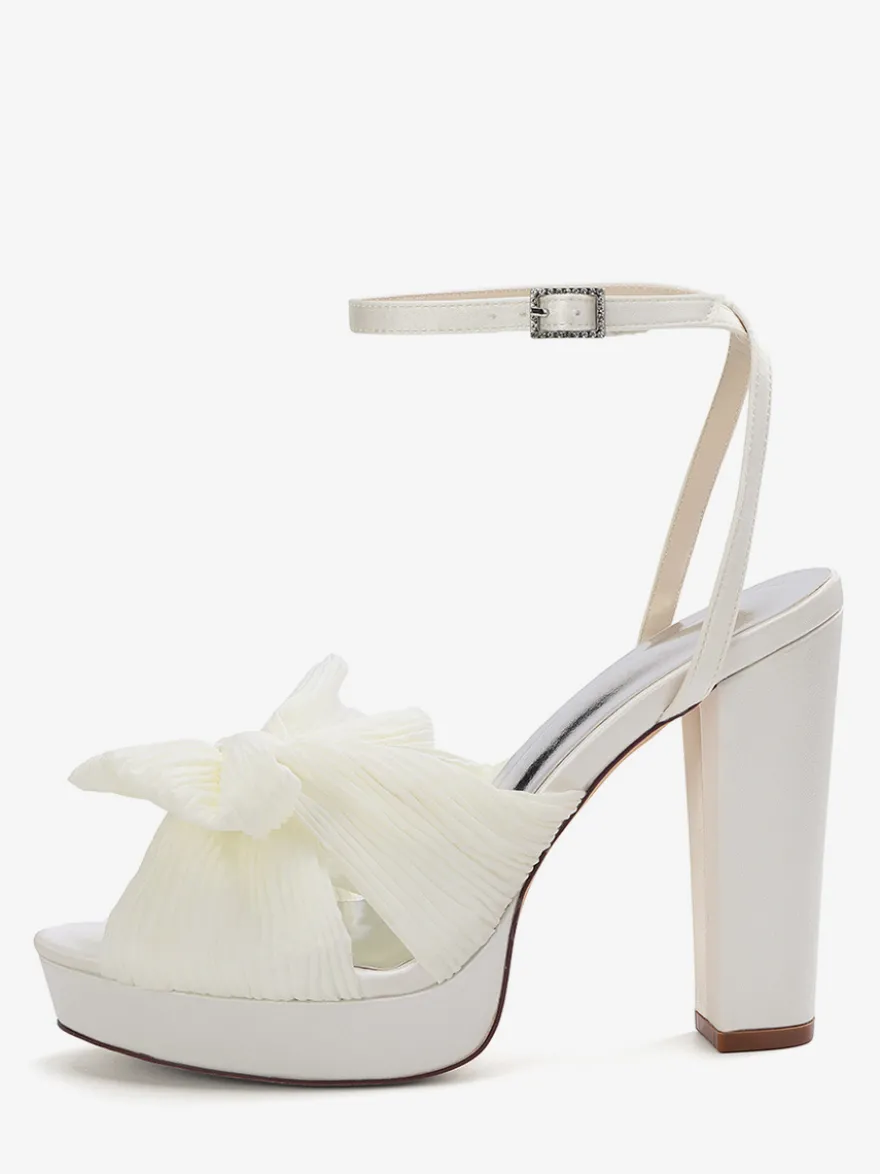 Chaussures de mariage blanches à plateforme bout ouvert nœud talon épais