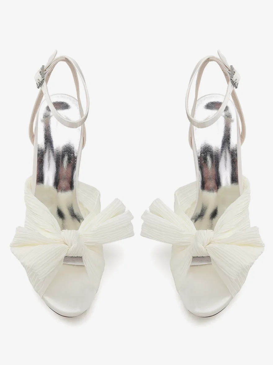 Chaussures de mariage blanches à plateforme bout ouvert nœud talon épais
