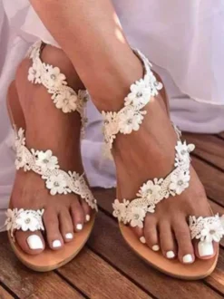 Chaussures de mariage Boho Sandales plates à fleurs marron avec boucle d'orteil