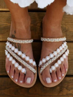 Chaussures de mariage en cuir PU blanc à bout ouvert fleurs pantoufles plates