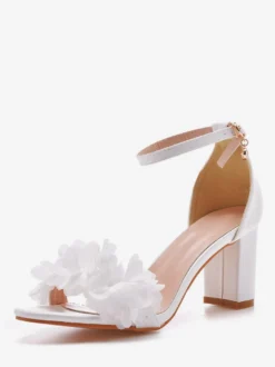 Chaussures De Mariage En Cuir PU Fleurs Blanches Sandales De Mariée À Bout Ouvert