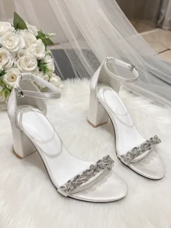 Chaussures de mariage en cuir PU avec strass blancs sandales de mariée talon carrée