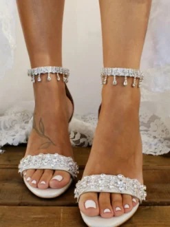 Chaussures de mariage en cuir PU frange avec strass blanches sandales de mariée