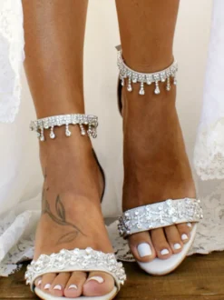 Chaussures de mariage en cuir PU frange avec strass blanches sandales de mariée