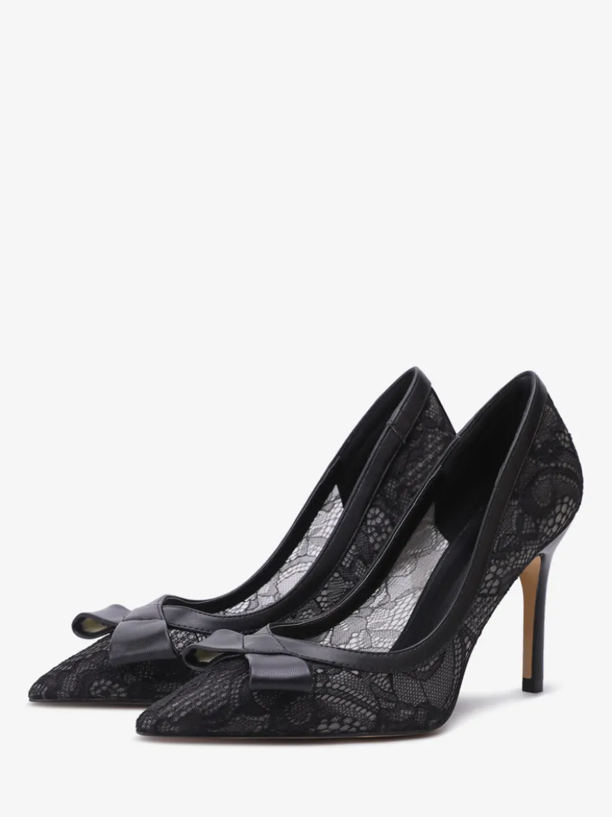 Chaussures de mariage en dentelle noire bout pointu nœud à enfiler