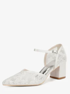Chaussures de mariage en dentelle à bout pointu et talon épais pour invités de mariage