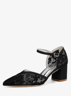 Chaussures de mariage en dentelle à bout pointu et talon épais pour invités de mariage