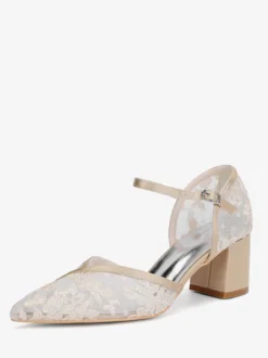 Chaussures de mariage en dentelle à bout pointu et talon épais pour invités de mariage