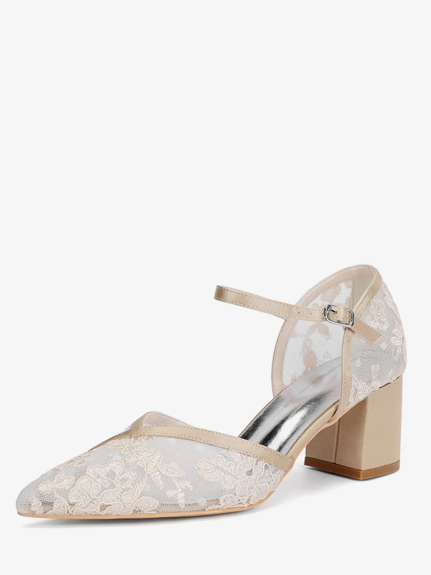 Chaussures de mariage en dentelle à bout pointu et talon épais pour invités de mariage