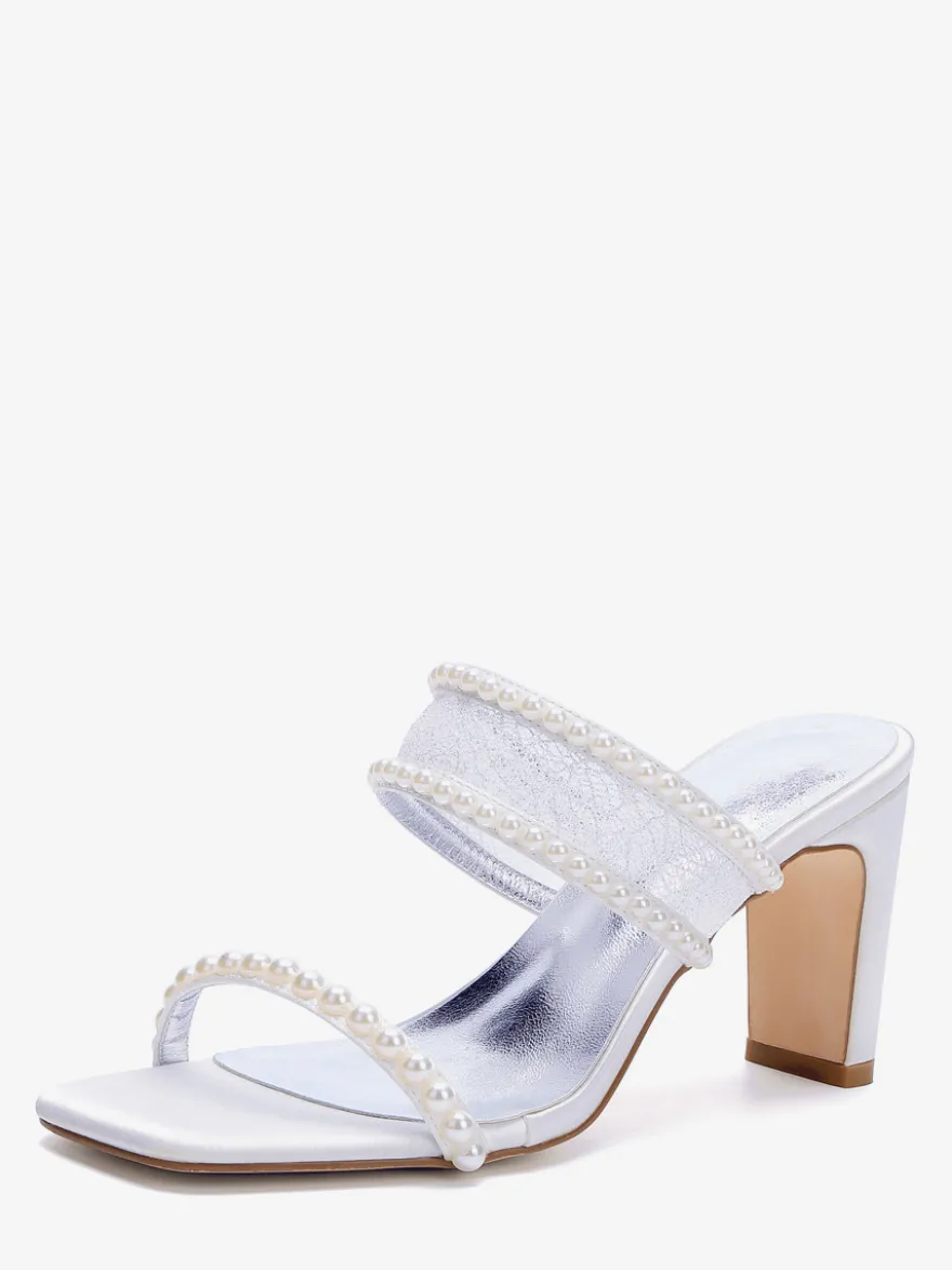 Chaussures de mariage en dentelle bout ouvert perles talons compensés pantoufles de mariée
