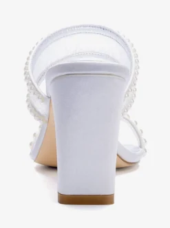 Chaussures de mariage en dentelle bout ouvert perles talons compensés pantoufles de mariée