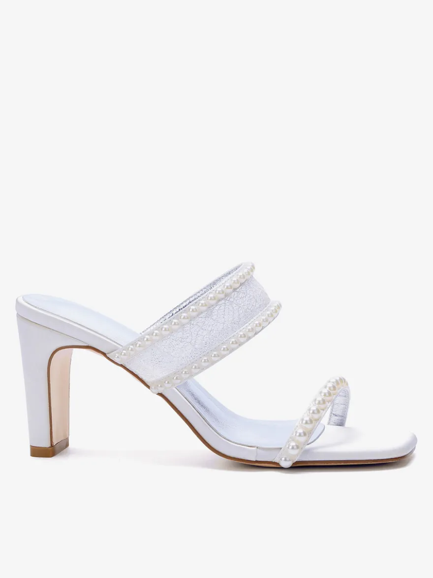 Chaussures de mariage en dentelle bout ouvert perles talons compensés pantoufles de mariée