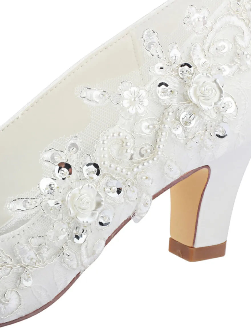 Chaussures de mariage en dentelle ivore à bout rond avec strass
