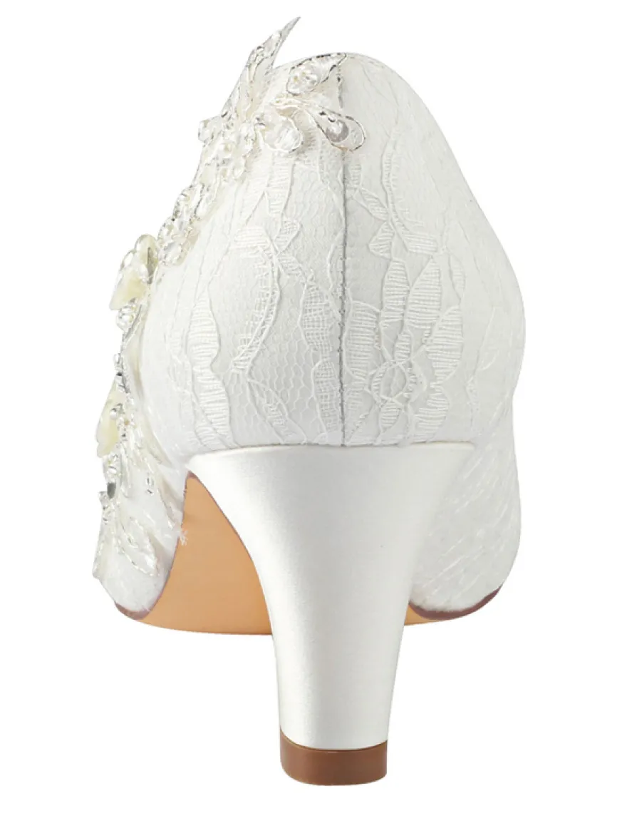 Chaussures de mariage en dentelle ivore à bout rond avec strass