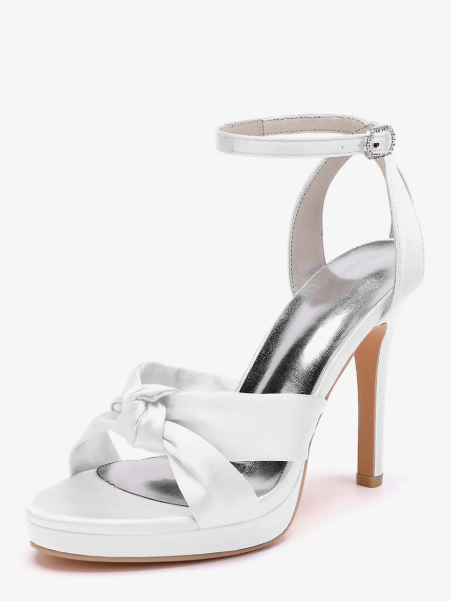 Chaussures de mariage en satin Chaussures de bal blanches Sandales à talons hauts et bout ouvert avec bride à la cheville