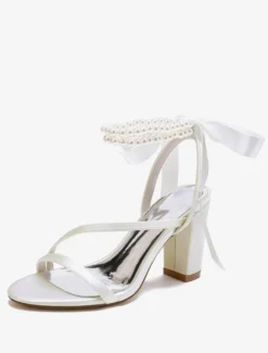 Chaussures de mariage en satin avec nœuds blancs sandales de mariage à bout ouvert