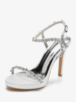 Chaussures de mariage en satin Bout ouvert Strass Boucle Détail Talon aiguille Sandales de mariée