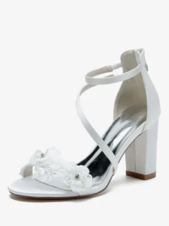 Chaussures de mariage en satin blanc brodé sandales de mariage à bout ouvert