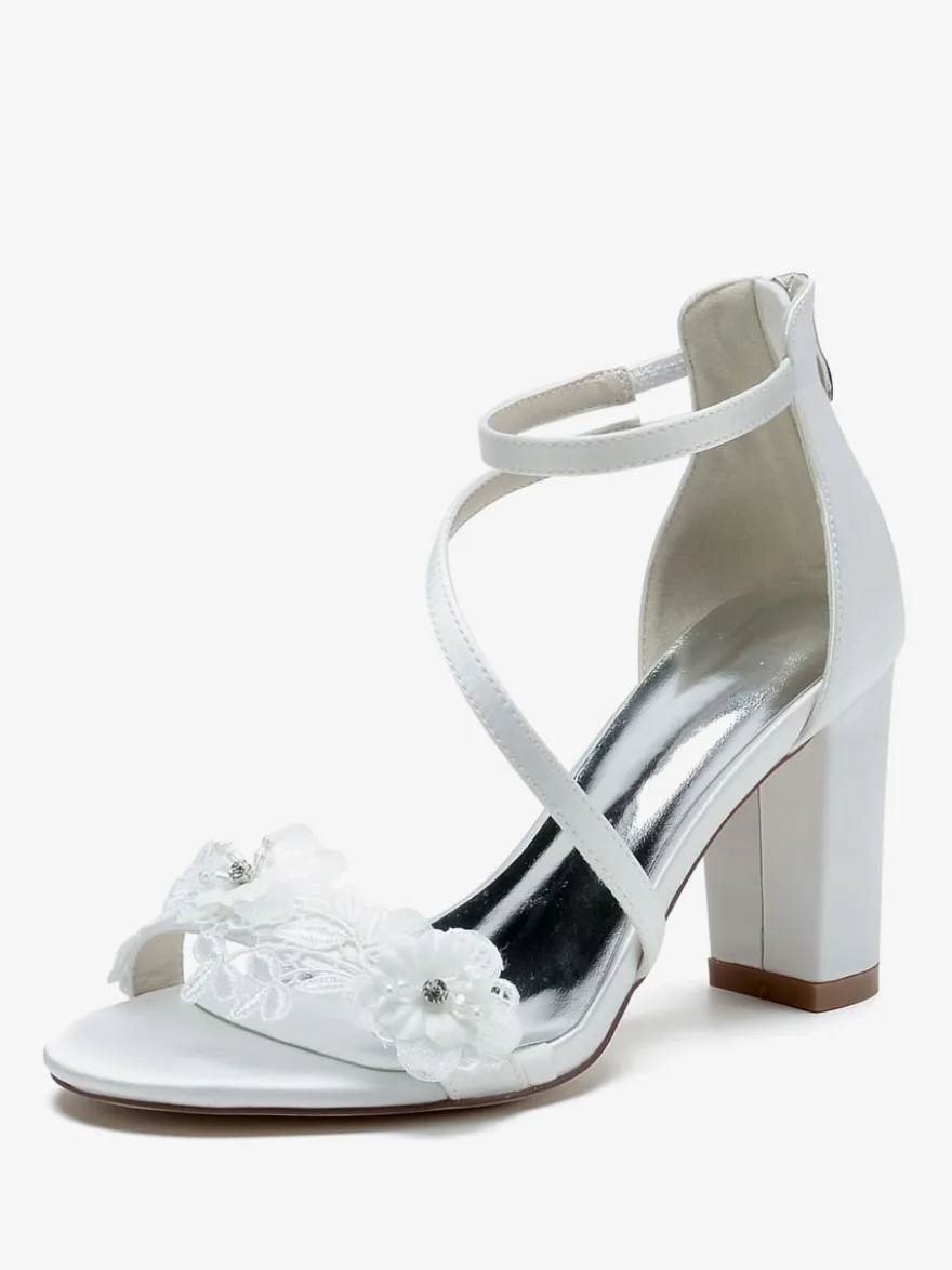 Chaussures de mariage en satin blanc brodé sandales de mariage à bout ouvert