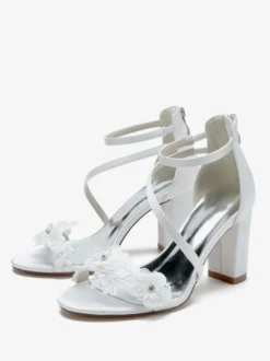Chaussures de mariage en satin blanc brodé sandales de mariage à bout ouvert