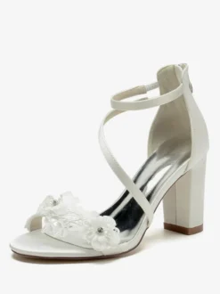 Chaussures de mariage en satin blanc brodé sandales de mariage à bout ouvert
