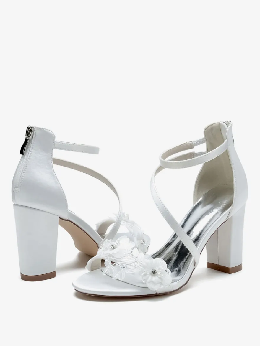 Chaussures de mariage en satin blanc brodé sandales de mariage à bout ouvert